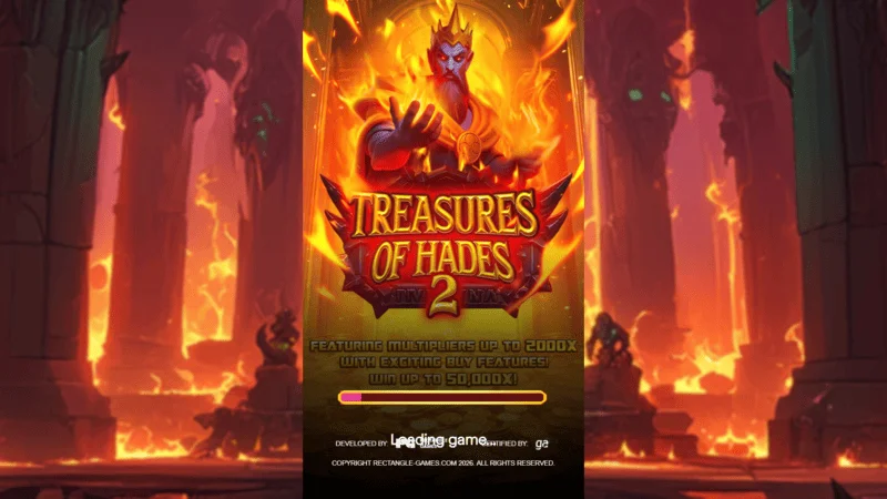 Treasures of Hades 2 – Indlæsningsskærm til spillemaskinen fra Rectangle Games i et mytologisk Hades-underverdens-tema