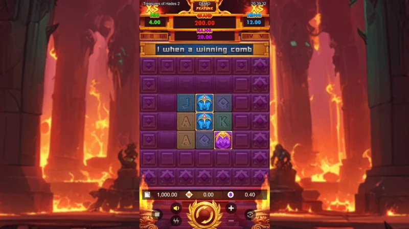 Treasures of Hades 2 – Hovedspilskærmen for spillemaskinen med 3x3 hjul og 20 betways fra Rectangle Games
